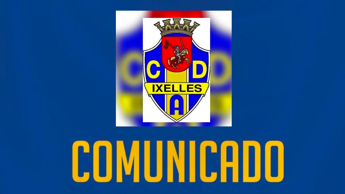 Logótipo do clube CAD Ixelles 'O Elvas' sobre fundo azul, com a palavra 'COMUNICADO' em letras amarelas por baixo.