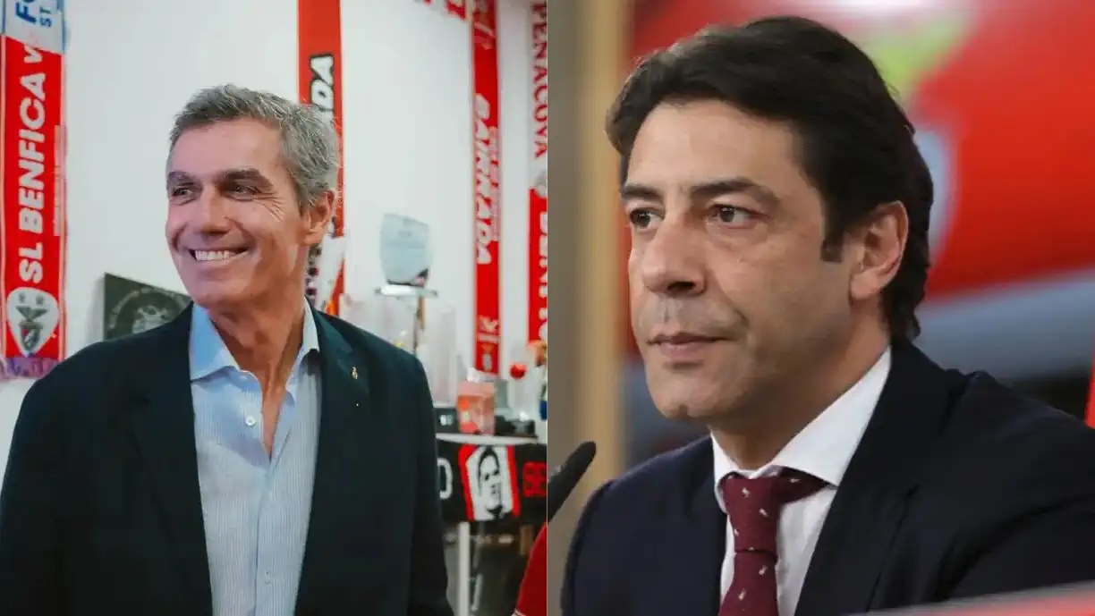 Rui Costa e João Noronha Lopes, candidatos à presidência do Benfica, em ambientes associados ao clube, com cachecóis do Benfica visíveis ao fundo.