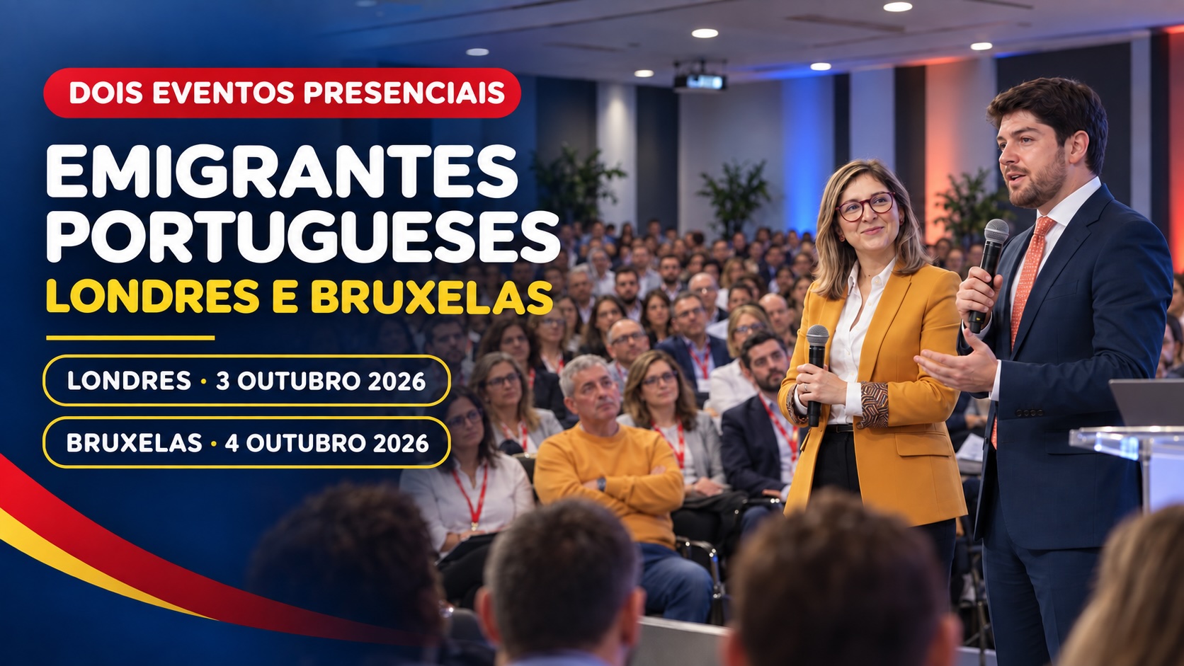 Auditório cheio com dois oradores em destaque, um homem e uma mulher, a falar para um público atento durante um evento informativo para emigrantes portugueses sobre fiscalidade e património em Londres e Bruxelas.