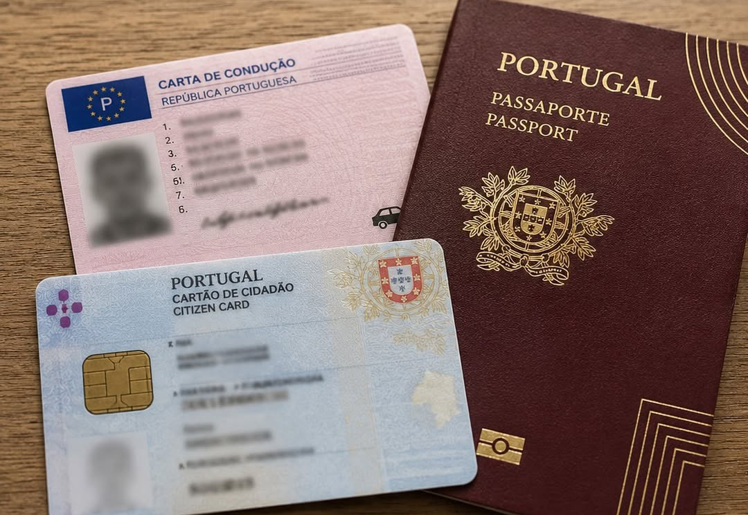 Passaporte português, cartão de cidadão e carta de condução de Portugal sobre uma mesa, representando documentos oficiais frequentemente sujeitos a verificação consular.