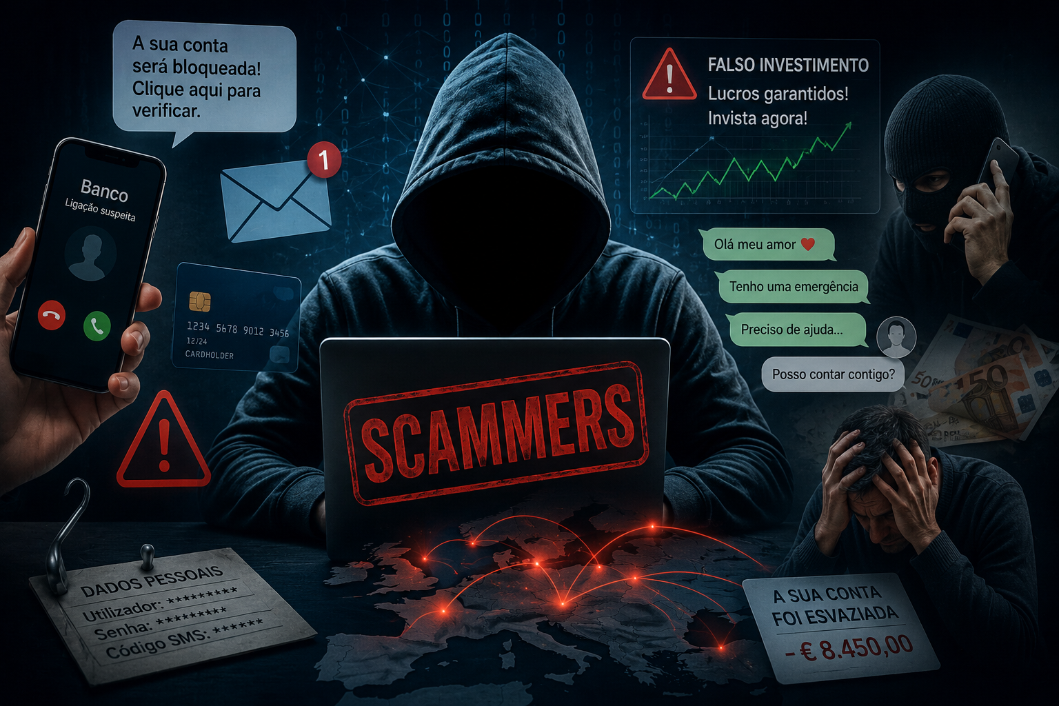 Montagem com figura encapuzada ao computador, avisos de alerta digital, telemóvel com chamada suspeita, e pessoas em sofrimento, ilustrando o impacto e métodos da fraude online.