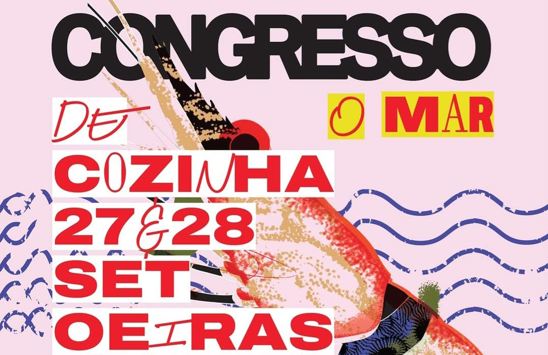 Cartaz do Congresso de Cozinha com o tema Mar, ilustrado com um camarão colorido ao centro. O cartaz indica as datas 27 e 28 de setembro, em Oeiras, e destaca a ligação à gastronomia marinha.
